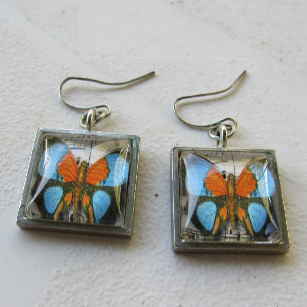 Orange and Blue Butterfly Earrings - Picture 1 of 3